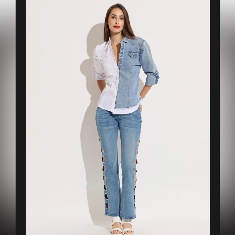 OO LA LA! WIDE LEG BLUE DENIM WITH‎ SIDE CIRCLES NWT Size M